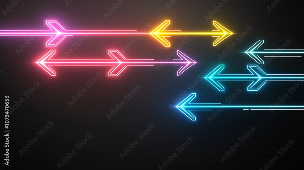 Aufkleber Radiant beams of multicolored light forming sleek arrow like shapes aiming upwards dynamically against a dark minimalist background  The striking high energy visual evokes a sense of motion power