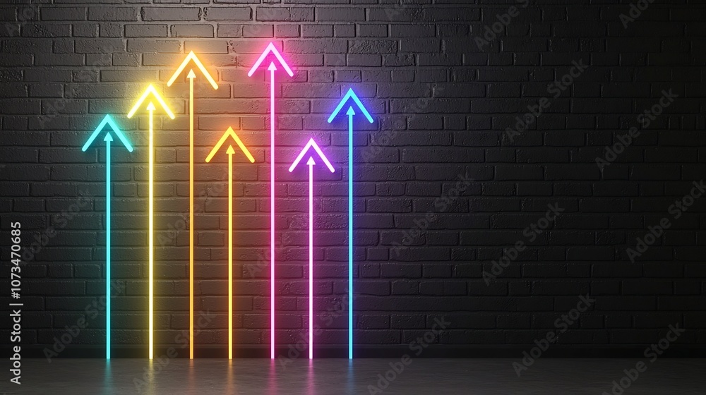 Fototapete Radiant beams of light in multiple vibrant colors forming a sleek dynamic pattern of arrows aimed upwards against a striking black background  This digital artwork has a sharp