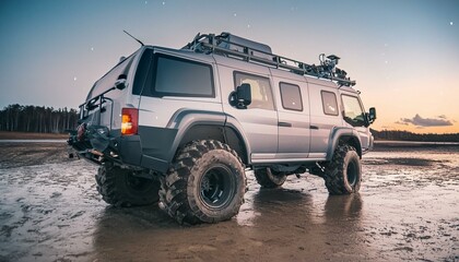 Futuristic offroad camper van in mud