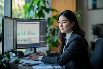 Professional woman analyzing data on multiple screens in a modern office. She is focused and engaged with her work. A blend of technology and nature surrounds her. Generative AI