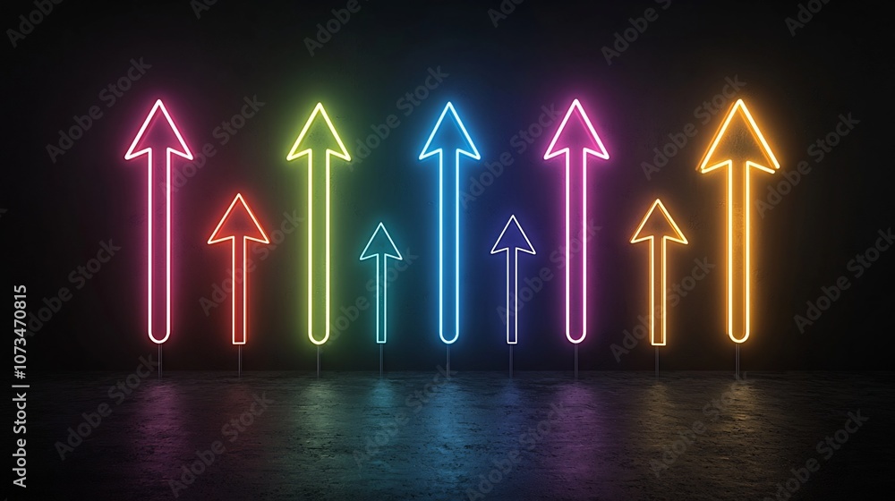 Poster elegant light beams in a variety of bright vibrant colors shaped like upward pointing arrows on a de