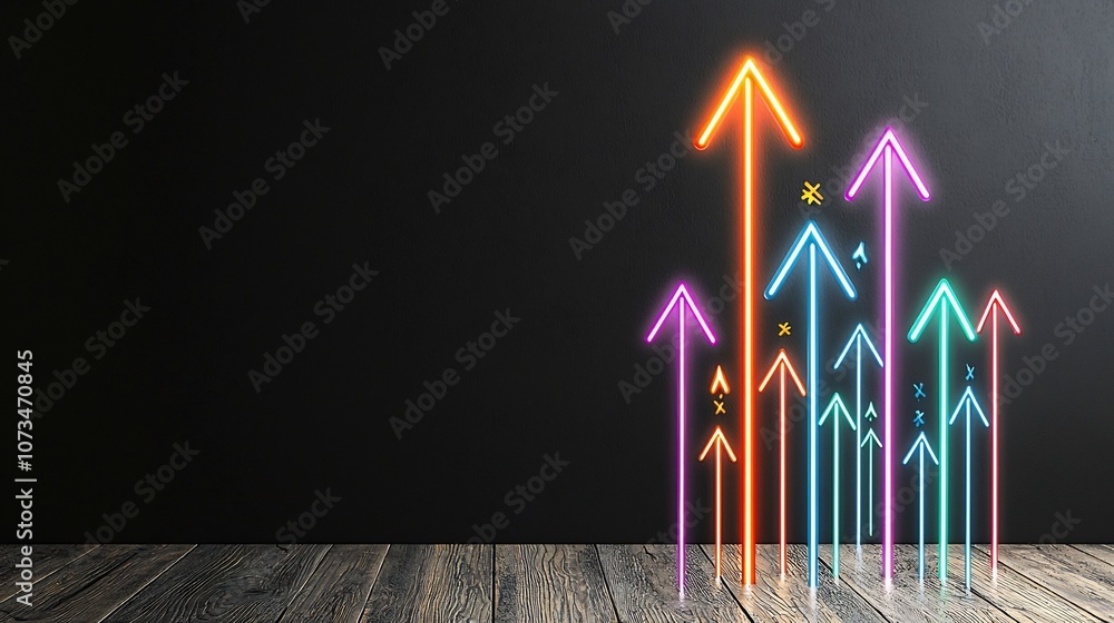 Poster glowing vibrant light arrows in various bold colors pointing upwards with a sleek streamlined look a