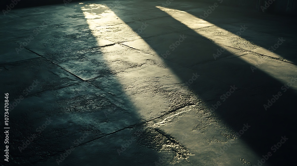 Poster a textured floor illuminated by dramatic shadows, creating a moody atmosphere.