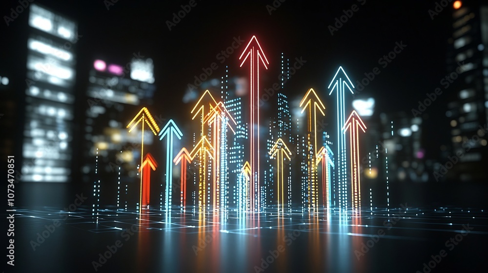 Poster Glowing vibrant arrows made of colorful light beams pointing skywards exuding a fast and streamlined look on a dark abstract background  Dynamic futuristic digital evoking energy
