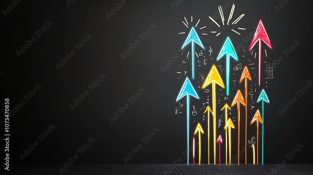 Poster Glowing vibrant light arrows in various colors pointing upwards against a dark backdrop creating a fast streamlined and futuristic visual effect