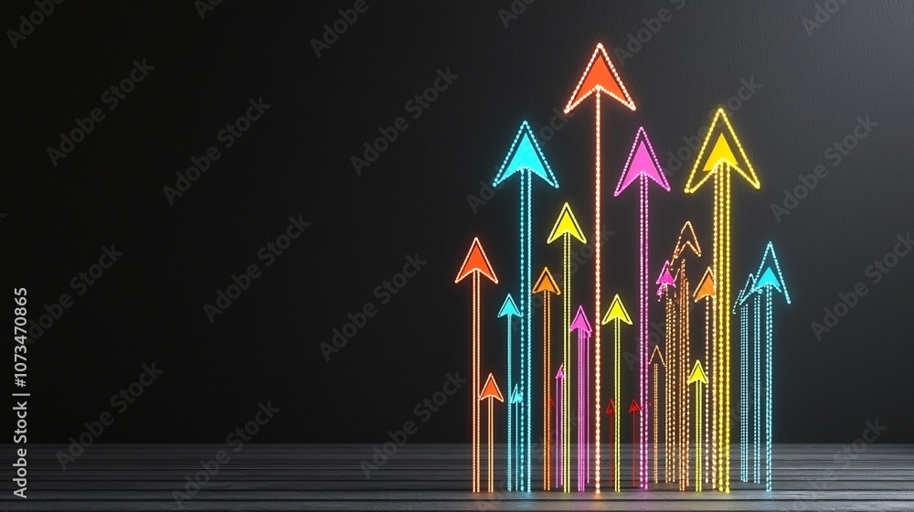 Aufkleber Glowing vibrant and colorful light arrows beams pointing upwards exuding a fast and streamlined look on a dark dramatic background  This image evokes a sense of energy innovation and forward momentum