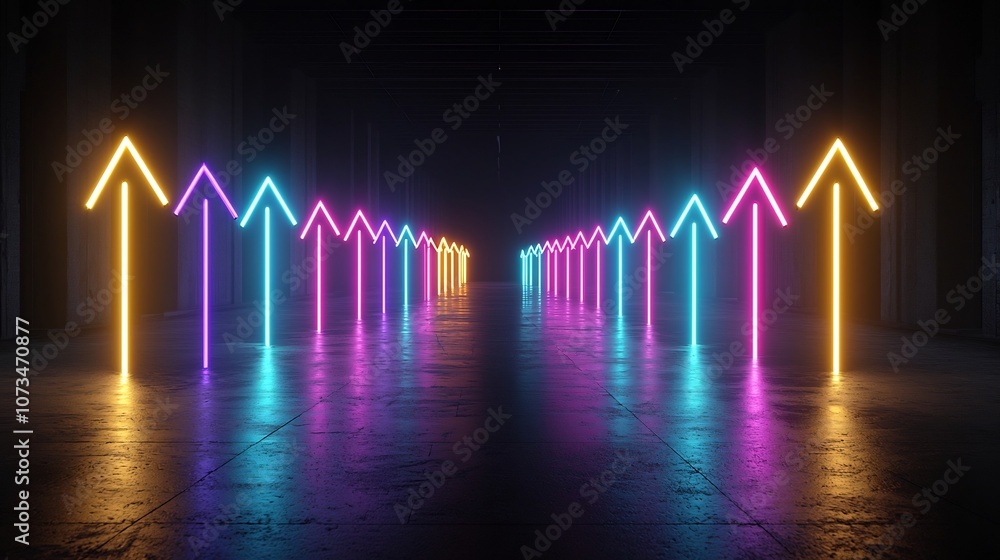 Poster Energetic beams of neon colored lights forming sleek and dynamic abstract arrow shapes against a contrasting black background creating a futuristic and tech inspired design