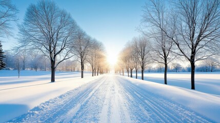Fototapeta premium A snow covered road with trees in the background