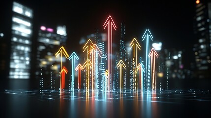 Fototapeta premium Glowing vibrant arrows made of colorful light beams pointing skywards exuding a fast and streamlined look on a dark abstract background Dynamic futuristic digital evoking energy