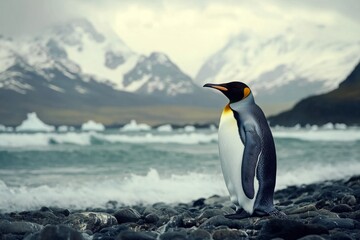 Fototapeta premium A majestic penguin stands on rocky shores with waves crashing nearby. Its colorful features are highlighted against the backdrop of snowy mountains. Generative AI