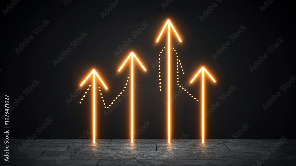 Poster neon beams of light in the shape of upward pointing arrows glowing brightly against a pure black bac