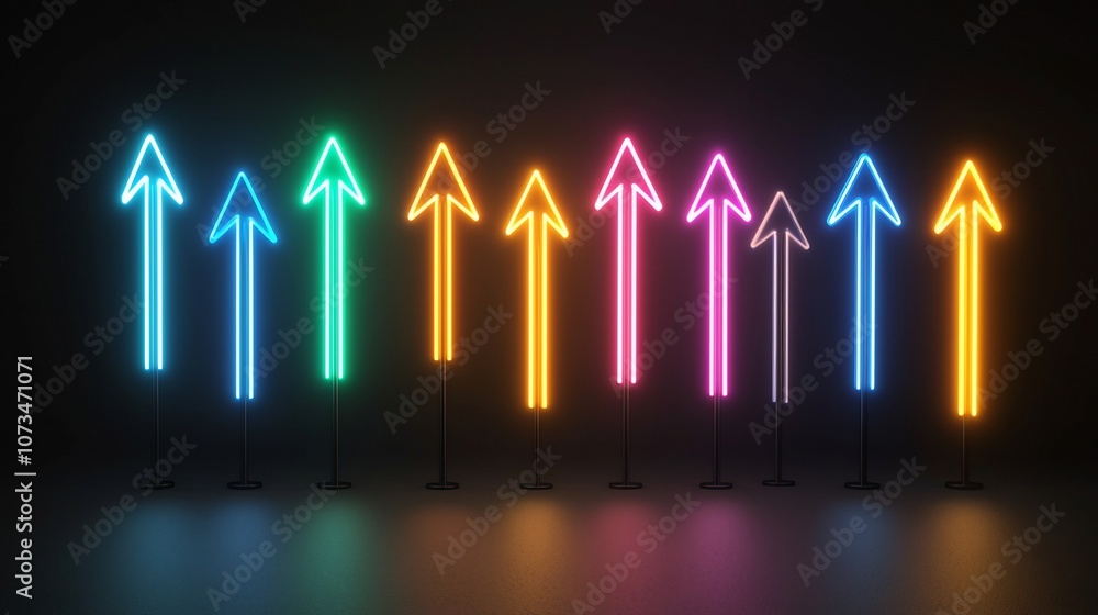 Aufkleber Striking abstract image featuring sharp colorful beams of light arranged in a dynamic upward pointing arrow formation against a solid black background creating a bold