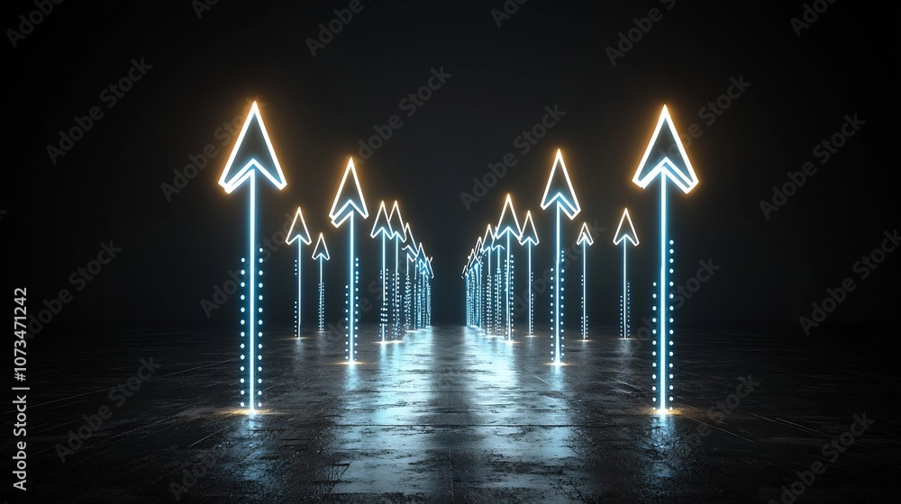 Poster Striking image of bright glowing beams of light forming arrow shapes directed upwards creating a sense of speed energy and elegant movement on a dark minimalist background