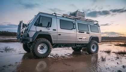 Futuristic offroad camper van in mud