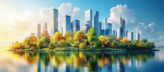 Obraz premium A serene island with lush greenery sits amidst a sprawling cityscape with tall skyscrapers reflected in the calm waters of a lake.