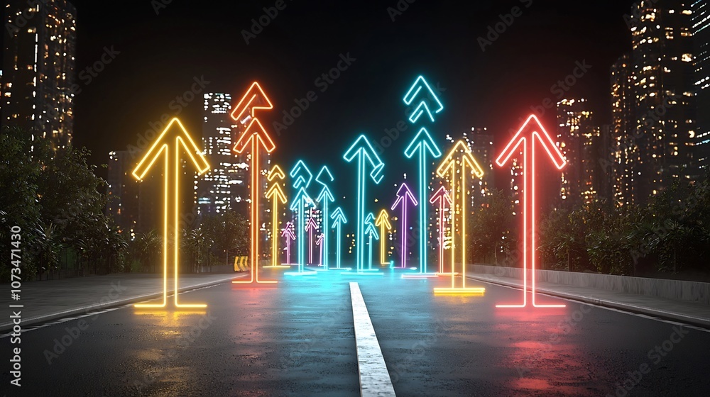 Poster A dynamic and visually striking display of colorful light beams forming upwards pointing arrows against a sleek modern dark background  This digital graphic design has a futuristic