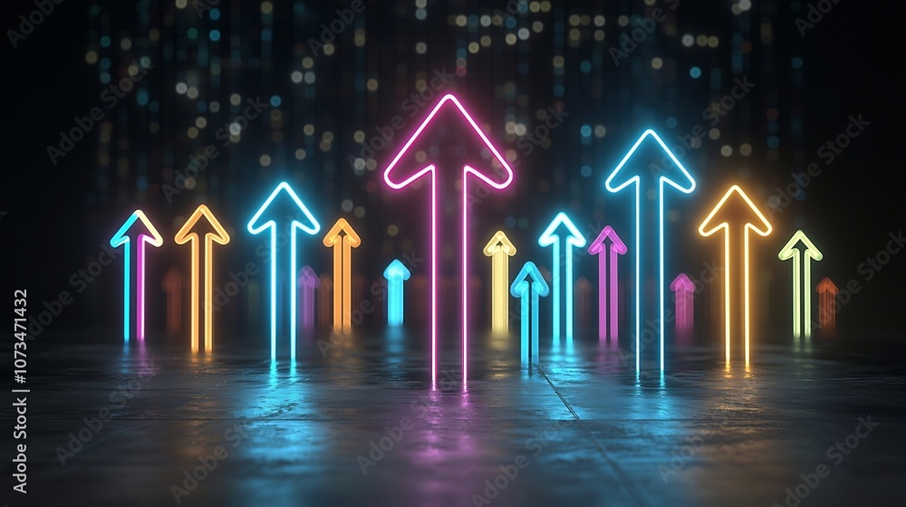 Leinwandbilder Striking display of colorful light beams in the form of dynamic arrows pointing upward against a modern streamlined dark background creating an impactful and futuristic visual concept