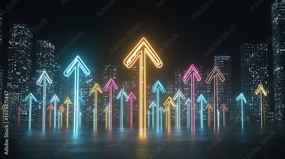 Aufkleber A dynamic display of vibrant multicolored light beams forming an array of streamlined arrows pointing upward set against a sleek modern dark backdrop for a striking futuristic visual effect