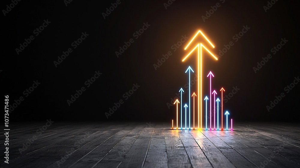 Leinwandbilder glowing vibrant beams of light shaping a striking upward aimed arrow with a fast moving kinetic feel
