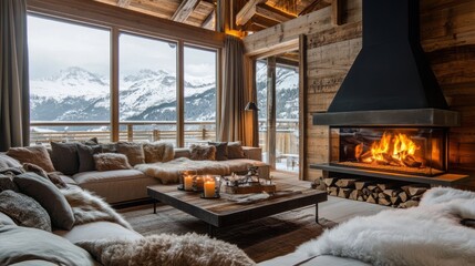 Cozy Living Room with Fireplace and Mountain View