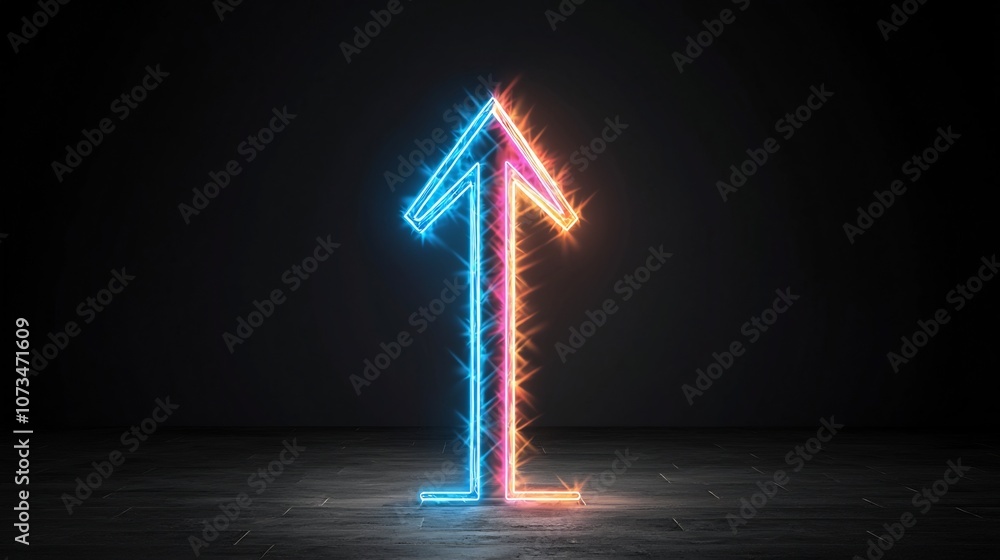 Poster a bright dynamic arrow pointing upwards formed by colorful glowing beams that suggest rapid movement