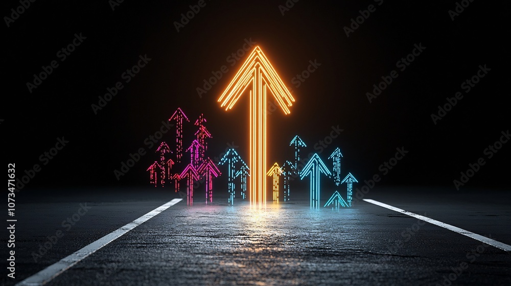 Poster vibrant upward pointing arrow formed by glowing colorful beams against a black background evoking a 