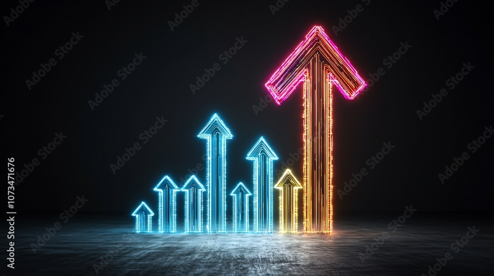 Poster Upward pointing arrow made of vibrant glowing beams against a dark background creating a dynamic futuristic and digital that conveys a sense of speed motion and progress