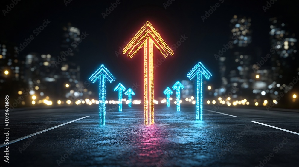 Aufkleber Upward pointing arrow made of vibrant glowing beams in colorful tones creating a dynamic sense of speed energy and forward motion on a sleek black background  Futuristic digital with a minimalist