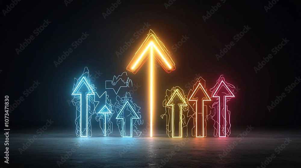 Aufkleber neon colored beams forming an upward pointing arrow glowing with energy and speed on a pitch black b