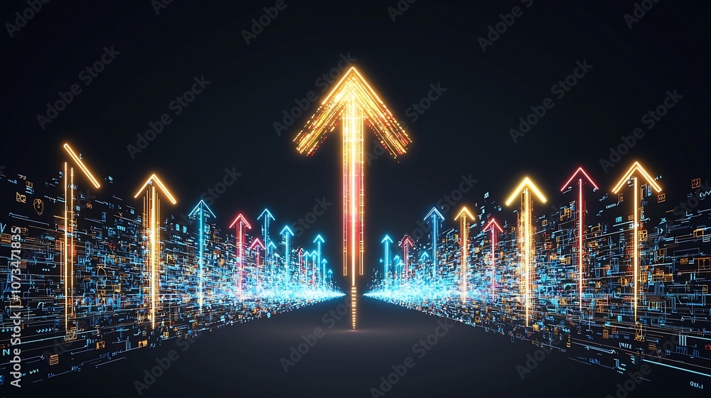 Poster vibrant radiant upward pointing arrow composed of bright colorful beams surging with dynamic speed a