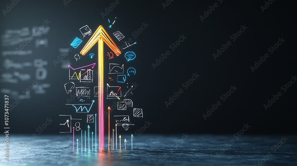 Leinwandbilder vibrant colorful beams of light forming a dynamic upward moving arrow symbol against a deep dark bac