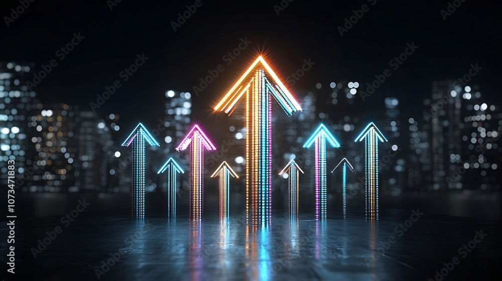 Poster vibrant colorful beams of light forming a striking upward arrow radiating a sense of dynamic motion 