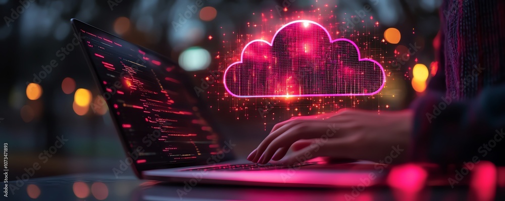Poster digital concept of a person using a laptop with cloud storage icons and file pages in the background
