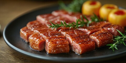 Closeup of sliced roasted duck on a black plate with rosemary garnish.