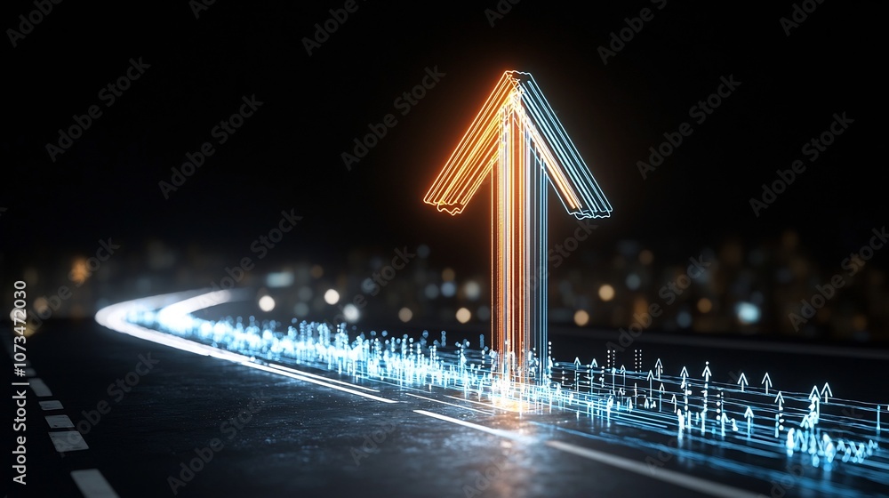 Poster Vibrant glowing beams of light forming an upward pointing arrow representing the concepts of speed motion and energy on a pure black background