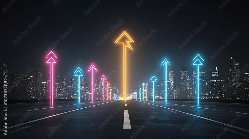 Poster glowing upward arrow formed by vibrant luminous beams on a sleek black background representing the c