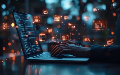 Illustration of a person using a laptop, cloud storage icons and digital file pages floating, symbolizing data synchronization and transfer across devices, Generative AI