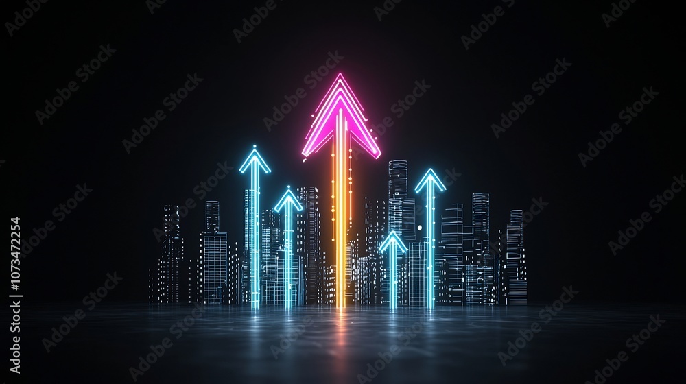 Poster A luminous streamlined arrow made of vibrant prismatic beams of light directing upwards with a fast dynamic energy against a dark abstract background