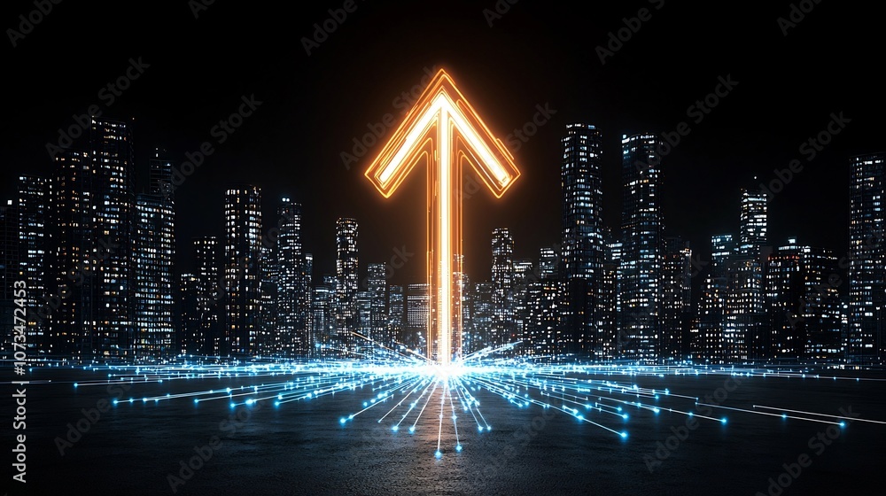 Aufkleber Bright beams creating a sharp upward pointing arrow radiating a sense of speed and energy on a deep black background  The arrow like formation of light creates a dynamic and powerful visual effect