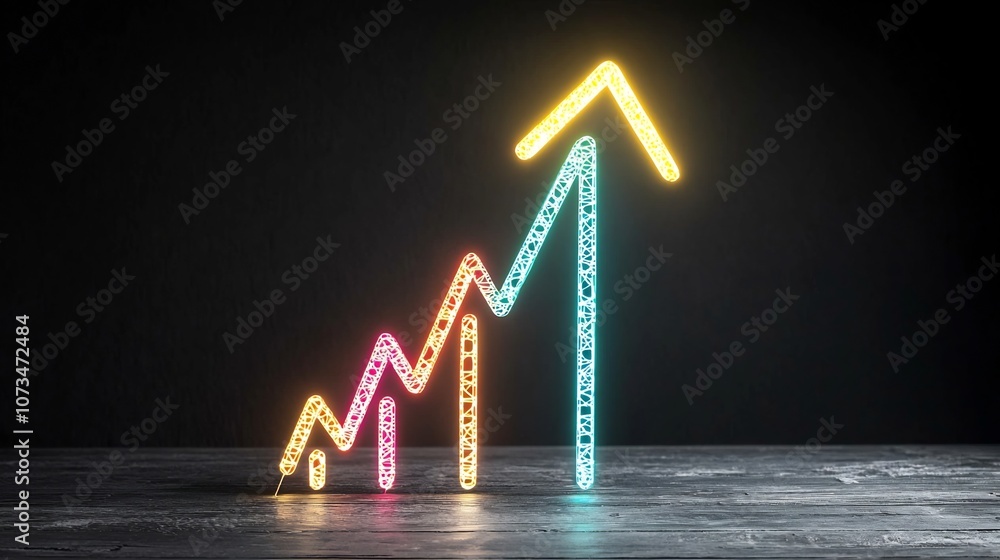 Poster vibrant upward beam arrow formed by glowing colorful beams symbolizing dynamic progress ascent and r