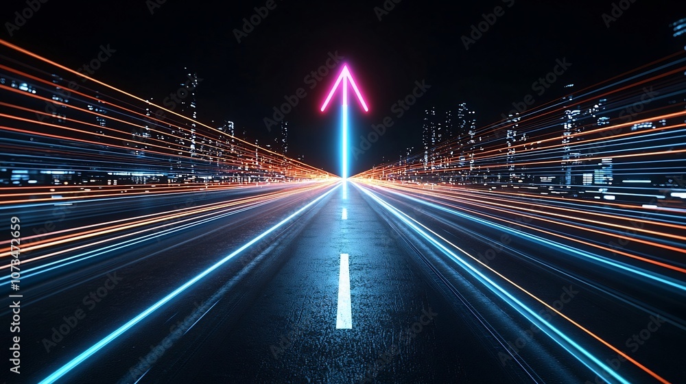 Poster Dynamic and energetic composition of colorful beams of light forming an arrow shaped design aimed upwards and glowing with speed and motion against a sleek and minimalist solid black backdrop