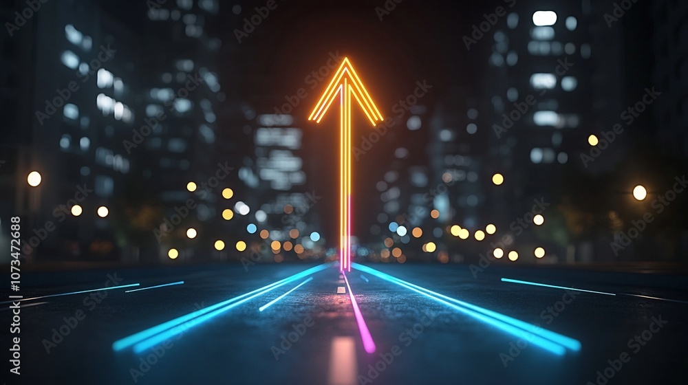 Poster Striking Image of Colorful Glowing Beams of Light Forming an Upward Pointing Arrow with a Sense of Speed and Motion on a Solid Black Backdrop
