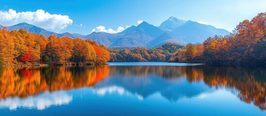 Obraz premium A panoramic view of a serene lake surrounded by colorful autumn foliage and mountains. The reflection of the trees and clouds create a mirror-like effect on the water.