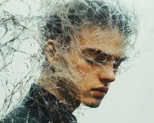 Portrait of a man with his head filled with chaotic, intertwined lines, representing confusion and a cluttered mind, Generative AI