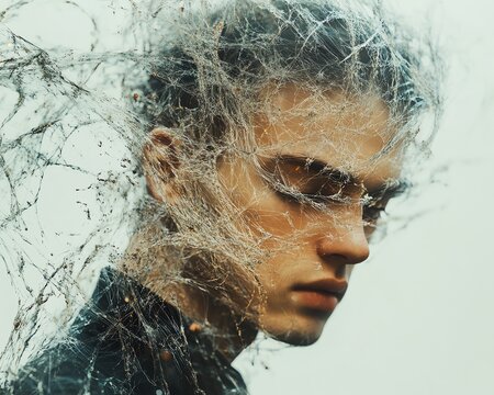 Portrait of a man with his head filled with chaotic, intertwined lines, representing confusion and a cluttered mind, Generative AI