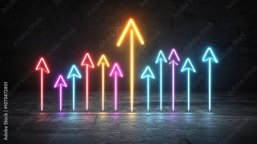 Leinwandbilder A fast moving arrow created by glowing beams in neon colors pointing upward on a dark black background  The image conveys a sense of speed energy and futuristic technology