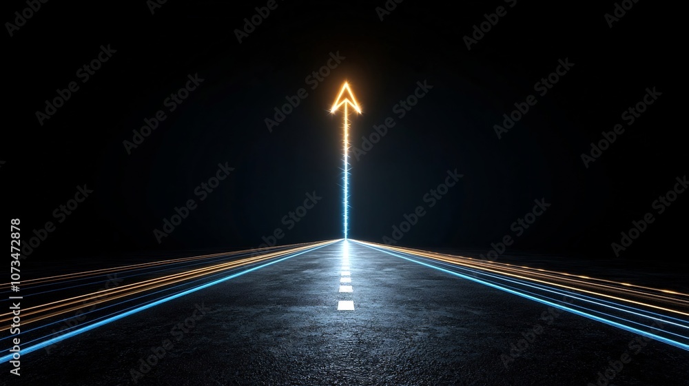 Poster bright glowing beams of light forming a sharp dynamic arrow design pointing upwards with a sense of 