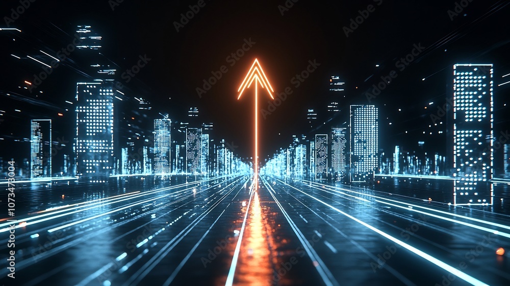 Poster Bright and glowing directional arrow shaped beams of light forming a sharp dynamic image exuding a sense of speed energy and power on a pure black background