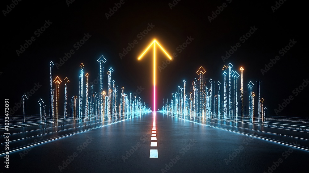 Aufkleber Vibrant colorful beams of light create an upward arrow shape glowing with a sense of swift motion and dynamic energy on a dark background