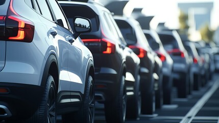 Back view many modern new SUV cars fleet stock at dealership parking lot